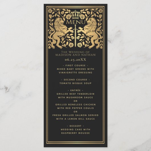 Royal Lion middeleeuws zwaard bruiloft plat menu (Voorkant)