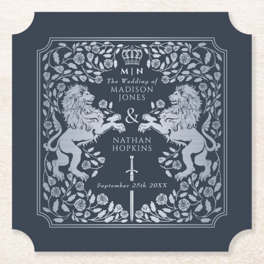Royal Lion Middeleeuws Zwaard Bruiloftsblauw Ticke Kartonnen Onderzetters (Voorkant)