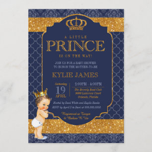 Royal Little Prince Navy Blue Gold Baby shower Kaart