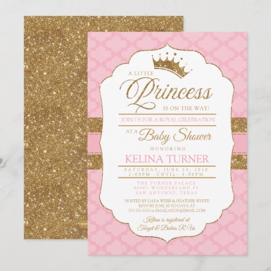 Royal Little Princess Pink Baby shower Invitation Kaart (Voorkant / Achterkant)