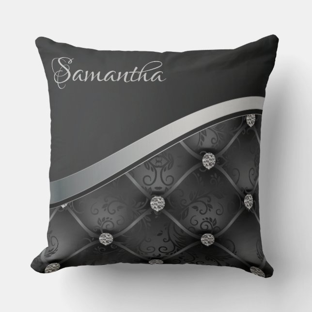 Royal Luxury Elegant Zwart Zilver Bloemen Kussen (Voorkant)