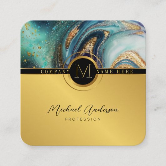Royal Luxury Gold Round Abstract & Agate Monogram Vierkante Visitekaartje (Voorkant)