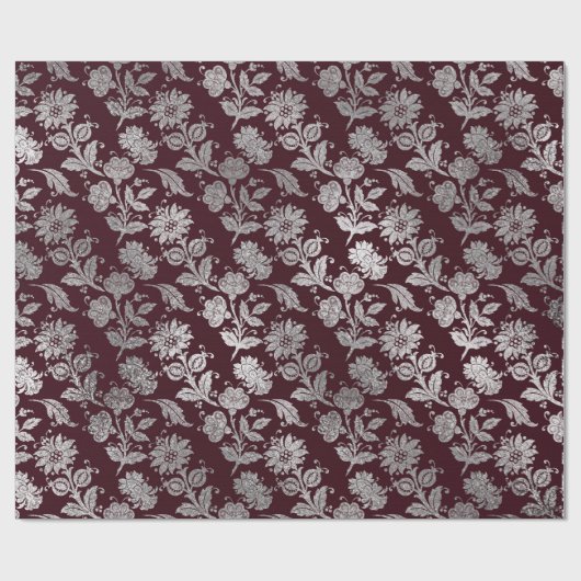 Royal Maroon Bourgondië Floral Silver Rozen glanze Cadeaupapier (Vlak)
