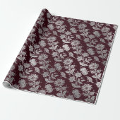 Royal Maroon Bourgondië Floral Silver Rozen glanze Cadeaupapier (Uitgerold)