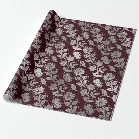 Royal Maroon Bourgondië Floral Silver Rozen glanze Cadeaupapier (Uitgerold)
