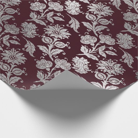 Royal Maroon Bourgondië Floral Silver Rozen glanze Cadeaupapier (Hoek)