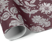 Royal Maroon Bourgondië Floral Silver Rozen glanze Cadeaupapier (Rol Hoek)
