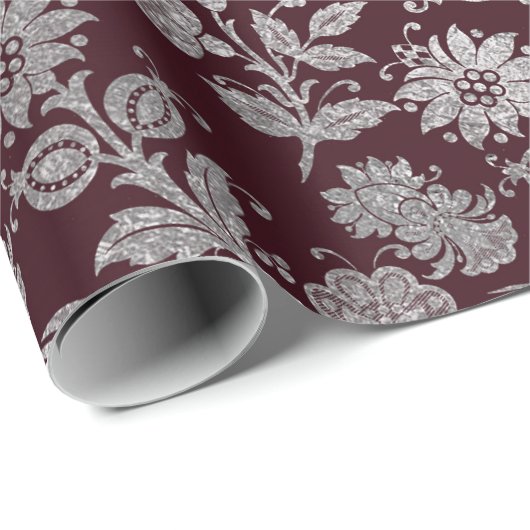 Royal Maroon Bourgondië Floral Silver Rozen glanze Cadeaupapier (Rol Hoek)