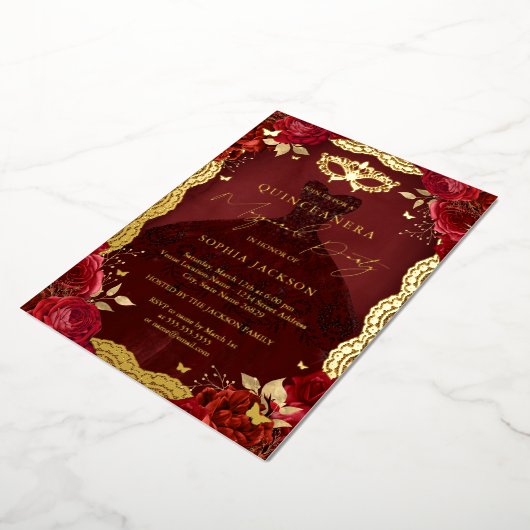 Royal Masquerade Party Rood Goud Gown Quinceanera Folie Uitnodiging (Gedraaid)