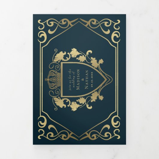 Royal Medieval Fantasy Monogram Weddenschap Drieluik Uitnodiging (Cover)