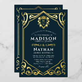 Royal Medieval Fantasy Monogram Weddenschap Folie Uitnodiging