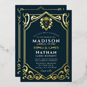 Royal Medieval Fantasy Monogram Weddenschap Folie Uitnodiging