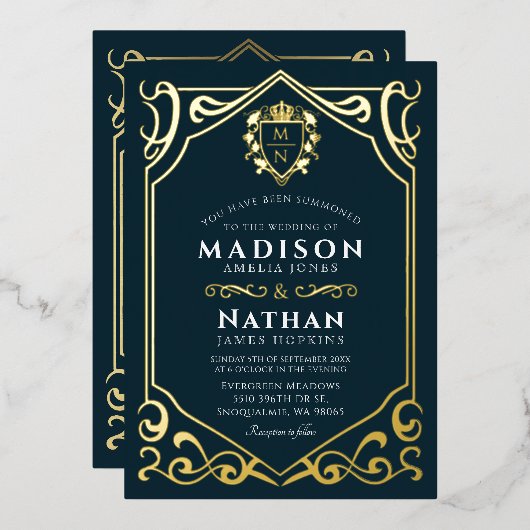 Royal Medieval Fantasy Monogram Weddenschap Folie Uitnodiging (Voorkant / Achterkant)