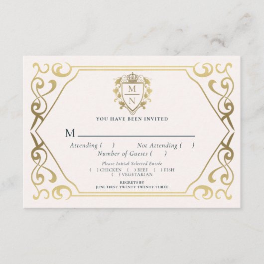 Royal Medieval Fantasy Monogram Weddenschap RSVP Informatiekaartje (Voorkant)