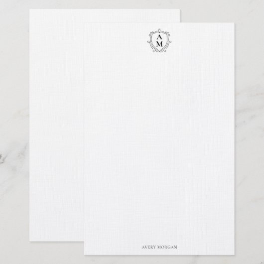 Royal Monogram Crest Classic Zwart Gepersonaliseer Briefpapier (Voorkant / Achterkant)