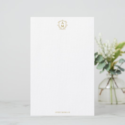 Royal Monogram Crest Luxe Goud Gepersonaliseerd Briefpapier (Staand voorkant)