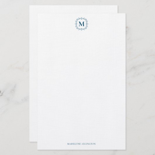 Royal Monogram Crest Marine Blauw Gepersonaliseerd Briefpapier (Voorkant / Achterkant)