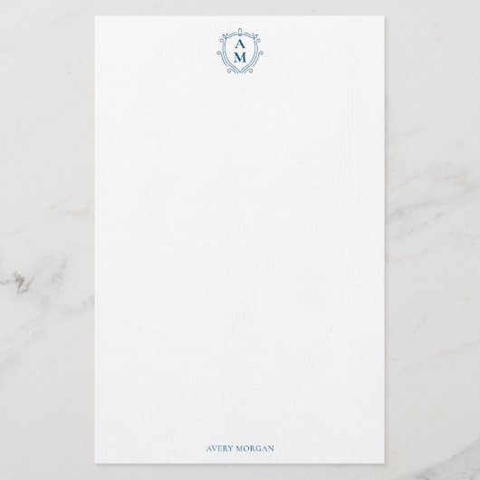 Royal Monogram Crest Marine Blauw Gepersonaliseerd Briefpapier (Voorkant)