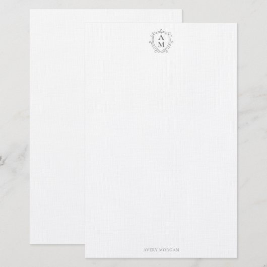 Royal Monogram Crest Smokey Grey Gepersonaliseerd Briefpapier (Voorkant / Achterkant)