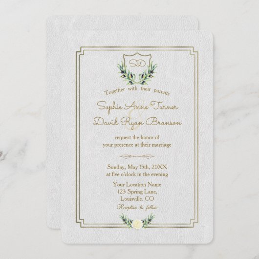 Royal Monogram Gold Crest Greenery Wedding Kaart (Voorkant / Achterkant)