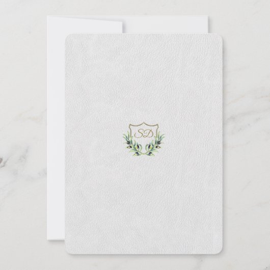 Royal Monogram Gold Crest Greenery Wedding Kaart (Achterkant)