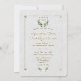 Royal Monogram Gold Crest Greenery Wedding Kaart