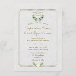 Royal Monogram Gold Crest Greenery Wedding Kaart