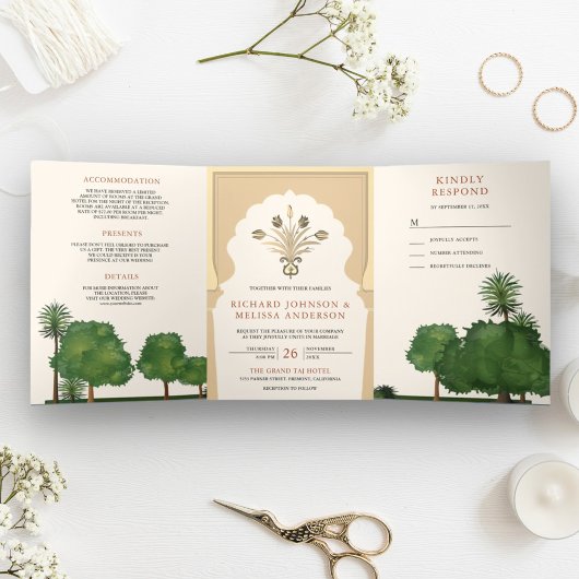Royal Mughal thema Tuin Indiase stijl bruiloft Drieluik Uitnodiging