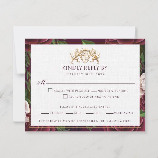 Royal Muse middeleeuwse leeuwencrest & bloemenbrui RSVP Kaartje (Voorkant)
