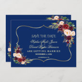 Royal Navy Blauw Bourgondië Bloemen Goud Save The  Save The Date (Voorkant / Achterkant)