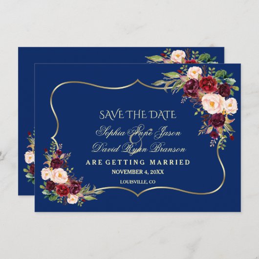 Royal Navy Blauw Bourgondië Bloemen Goud Save The  Save The Date (Voorkant / Achterkant)