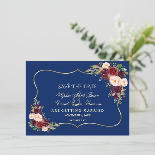 Royal Navy Blauw Bourgondië Bloemen Goud Save The  Save The Date (Staand voorkant)