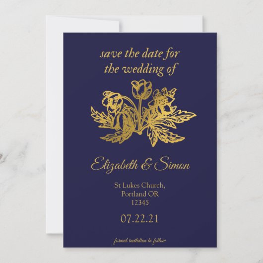 Royal Navy Blauw Elegante Gouden Foto Bewaar de da Save The Date (Voorkant)