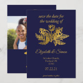 Royal Navy Blauw Elegante Gouden Foto Bewaar de da Save The Date (Voorkant / Achterkant)