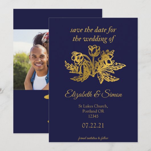 Royal Navy Blauw Elegante Gouden Foto Bewaar de da Save The Date (Voorkant / Achterkant)