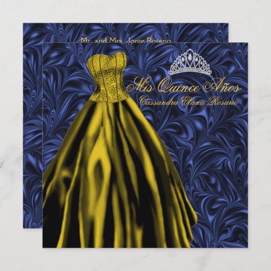 Royal Navy Blauw Goud Jurk Blauw Goud Quinceanera Kaart (Voorkant / Achterkant)