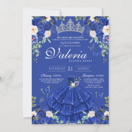 Royal Navy Blauw Roos Vlinder Zilver Quinceanera Kaart