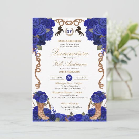 Royal Navy Blauw Roos Western Charro Quinceañera Kaart (Staand voorkant)