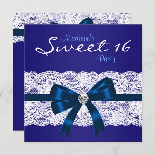 Royal Navy Blauw Wit Kant Blauw Sweet 16 Party Kaart (Voorkant / Achterkant)