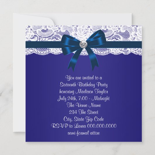 Royal Navy Blauw Wit Kant Blauw Sweet 16 Party Kaart (Achterkant)