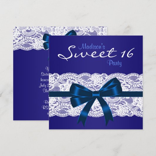 Royal Navy Blauw Wit Kant Blauw Sweet 16 Party Kaart (Voorkant / Achterkant)