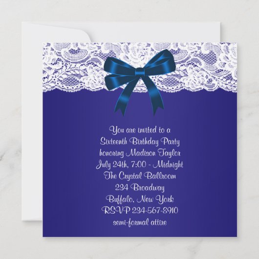 Royal Navy Blauw Wit Kant Blauw Sweet 16 Party Kaart (Achterkant)