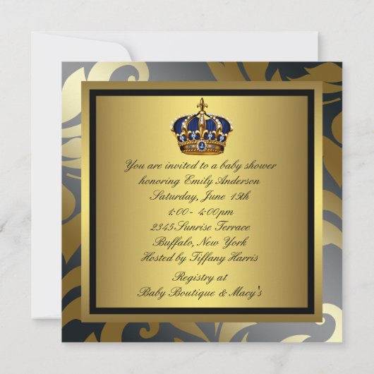 Royal Navy Blauw Zwart Goud Prins Baby Shower Kaart (Achterkant)