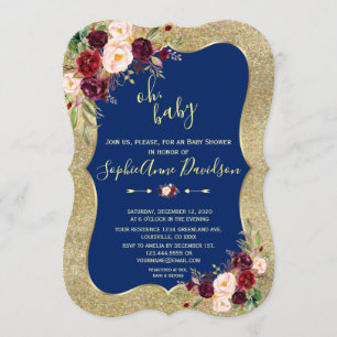Royal Navy Blue Blush Floral Gold BABY SHOWER Kaart