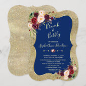 Royal Navy Blue Blush Floral Gold Brunch & Bubble Kaart (Voorkant / Achterkant)
