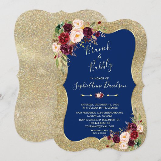 Royal Navy Blue Blush Floral Gold Brunch & Bubble Kaart (Voorkant / Achterkant)