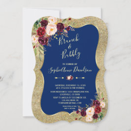 Royal Navy Blue Blush Floral Gold Brunch & Bubble Kaart