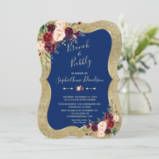 Royal Navy Blue Blush Floral Gold Brunch & Bubble Kaart (Staand voorkant)