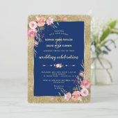 Royal Navy Blue Blush Peonies Gold Wedding Kaart (Staand voorkant)