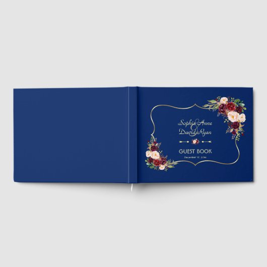 Royal Navy Blue Burgundy Floral Wedding Gastenboek (Volledig)